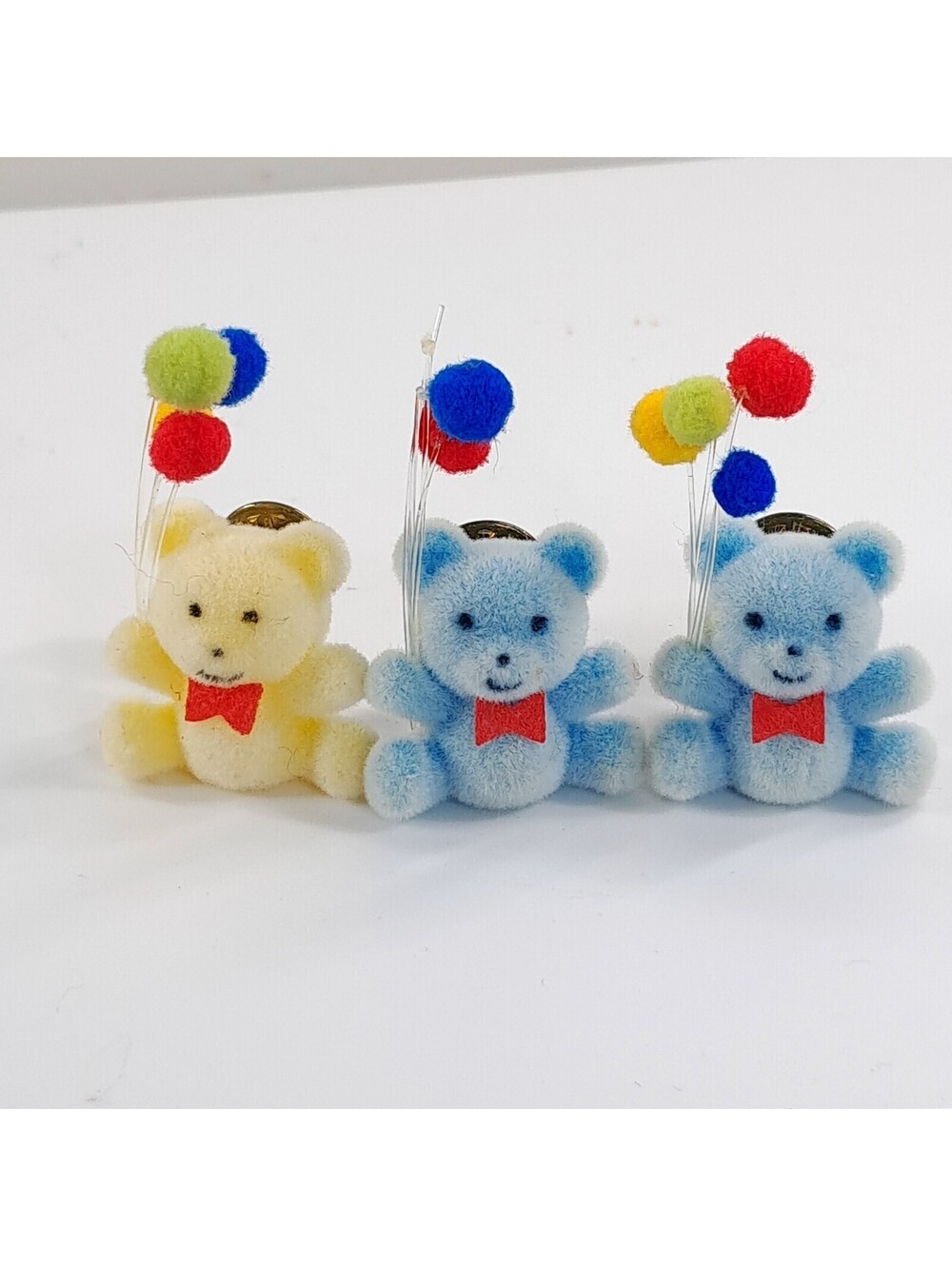 Vintage Teddy bear Holding Balloons Pins set 3 Flocked blue yellow Lapel poms